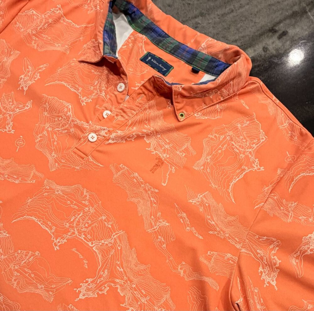William Murray Golf Polo XXL Murray Bay Map AOP Performance Stretch Orange